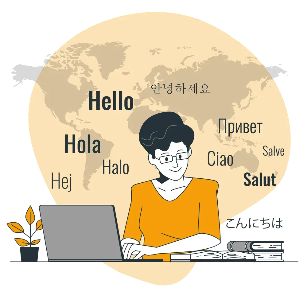 Illustration of an editor at a laptop with greetings in multiple languages.
