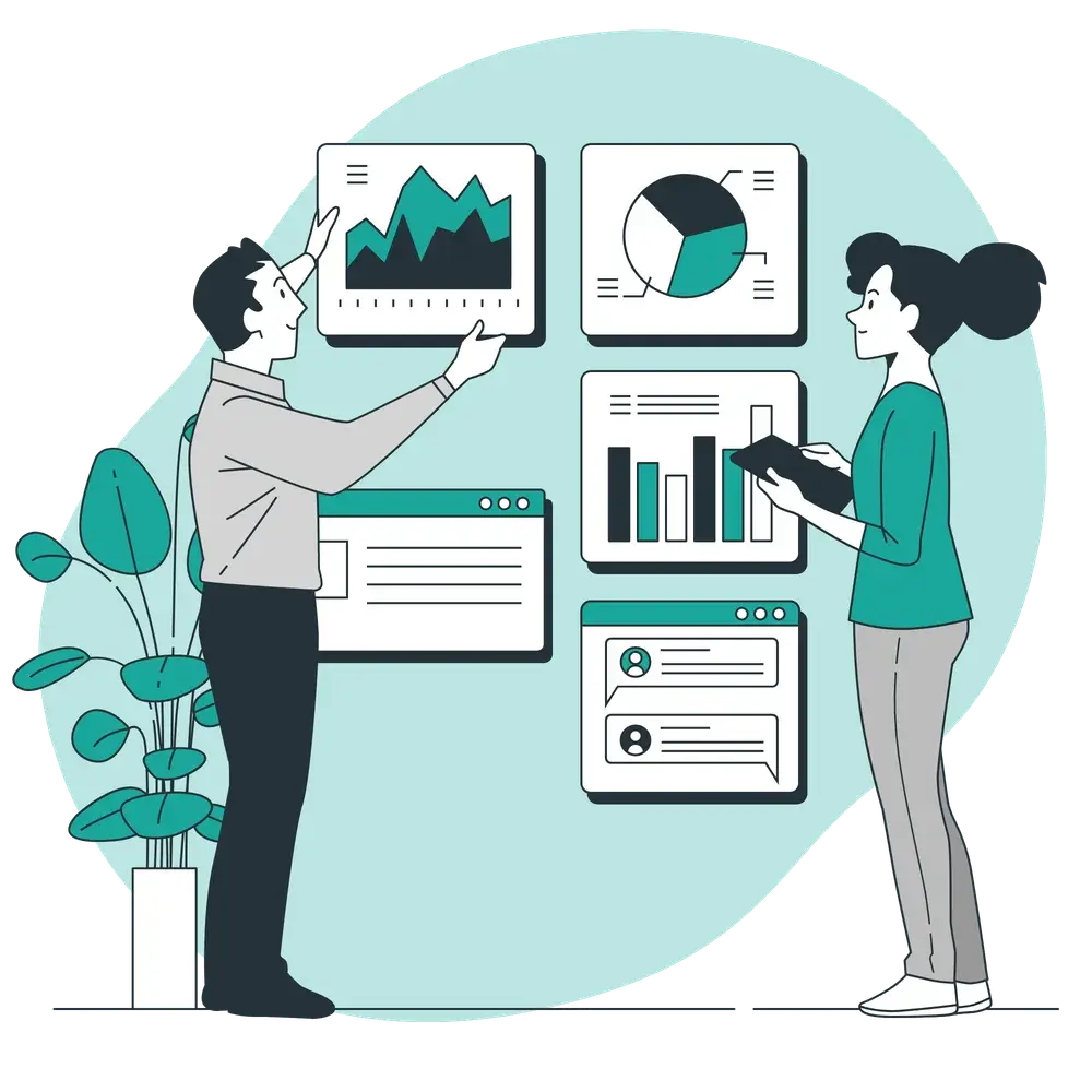 Illustration of researchers reviewing charts, graphs, and data dashboards.