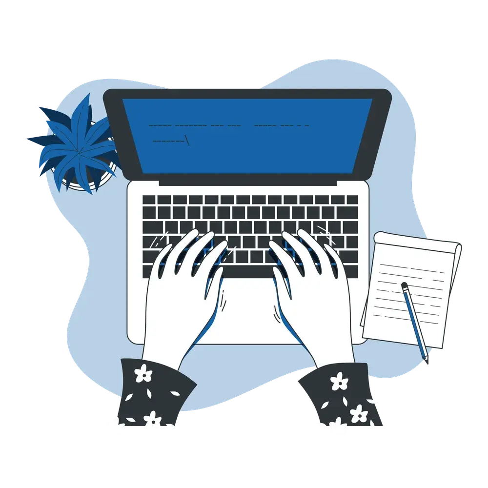 Illustration of hands typing on a laptop beside a notepad and pen.