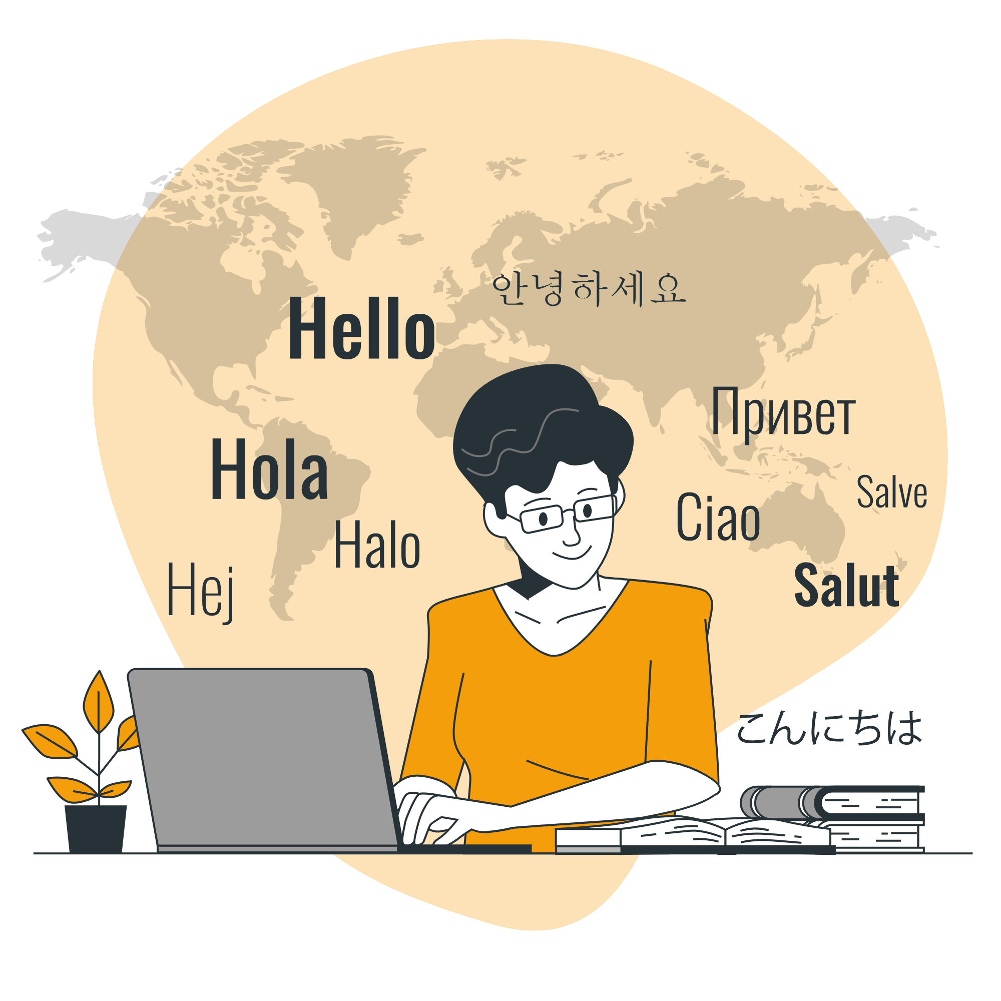Illustration of an editor at a laptop with greetings in multiple languages and a world map, representing copy editing and translation.