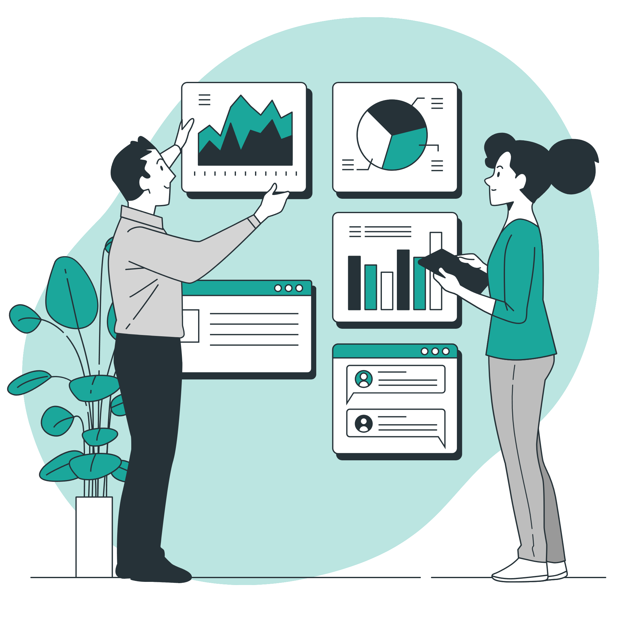 Illustration of researchers reviewing charts, graphs, and data dashboards, representing study design and statistical analysis.