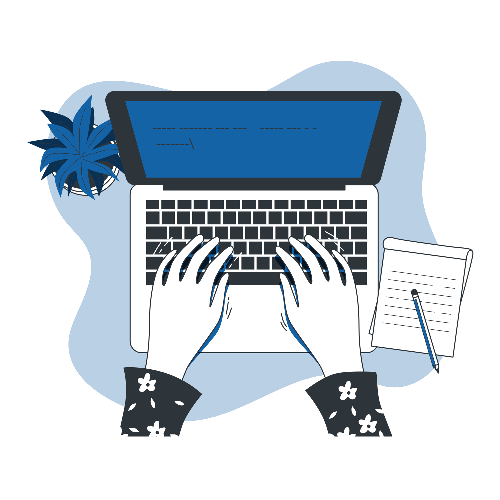Illustration of hands typing on a laptop beside a notepad and pen, representing scientific writing and manuscript preparation.